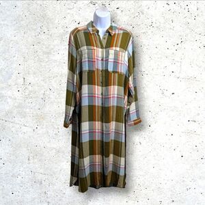 NWT Pilcro By Anthropologie Side-Slit Maxi Button Down Tunic Shirt Plaid Boho S